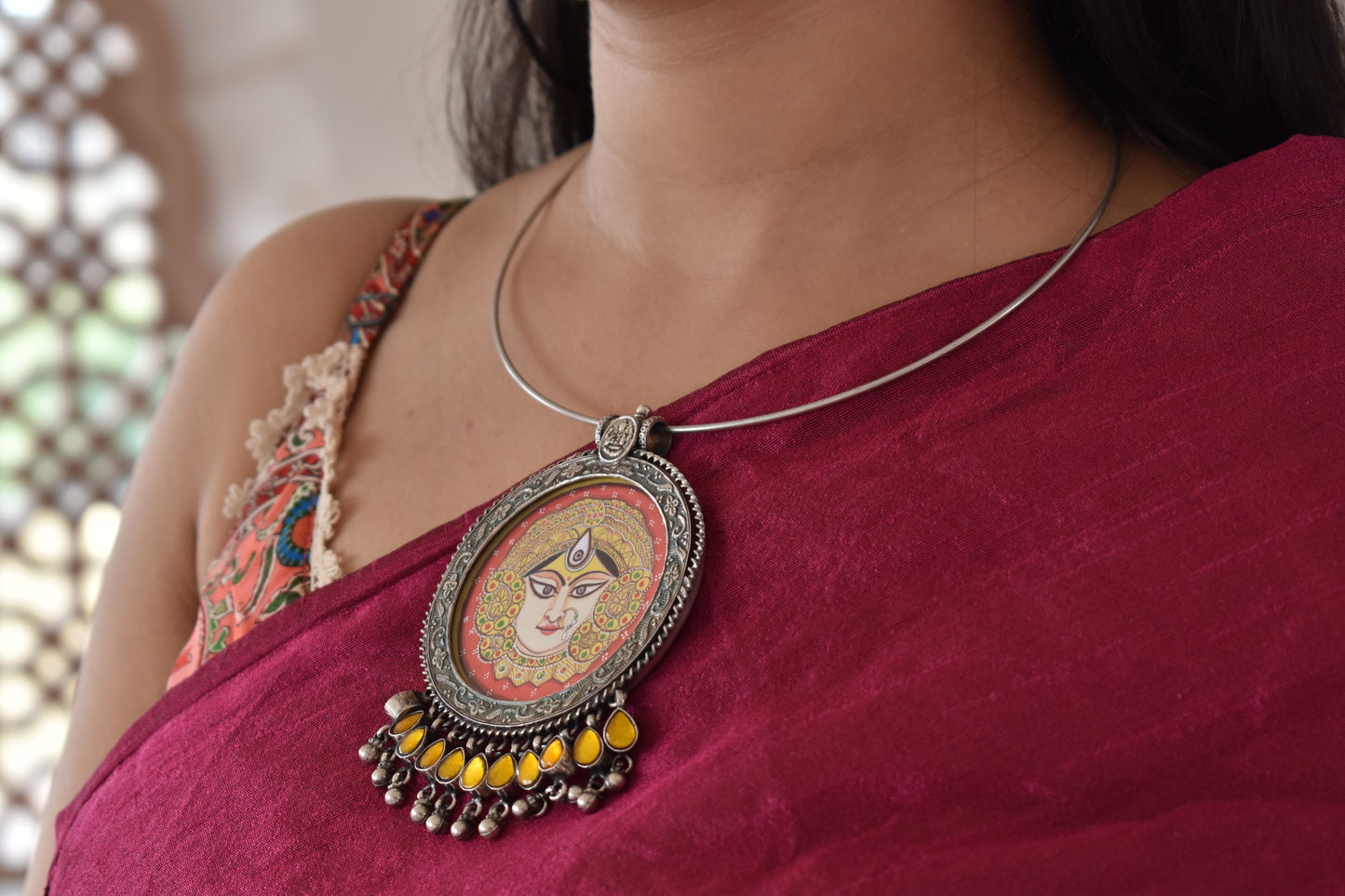 Divine Elegance: Handcrafted Silver Pendant with Miniature Painting of Durga