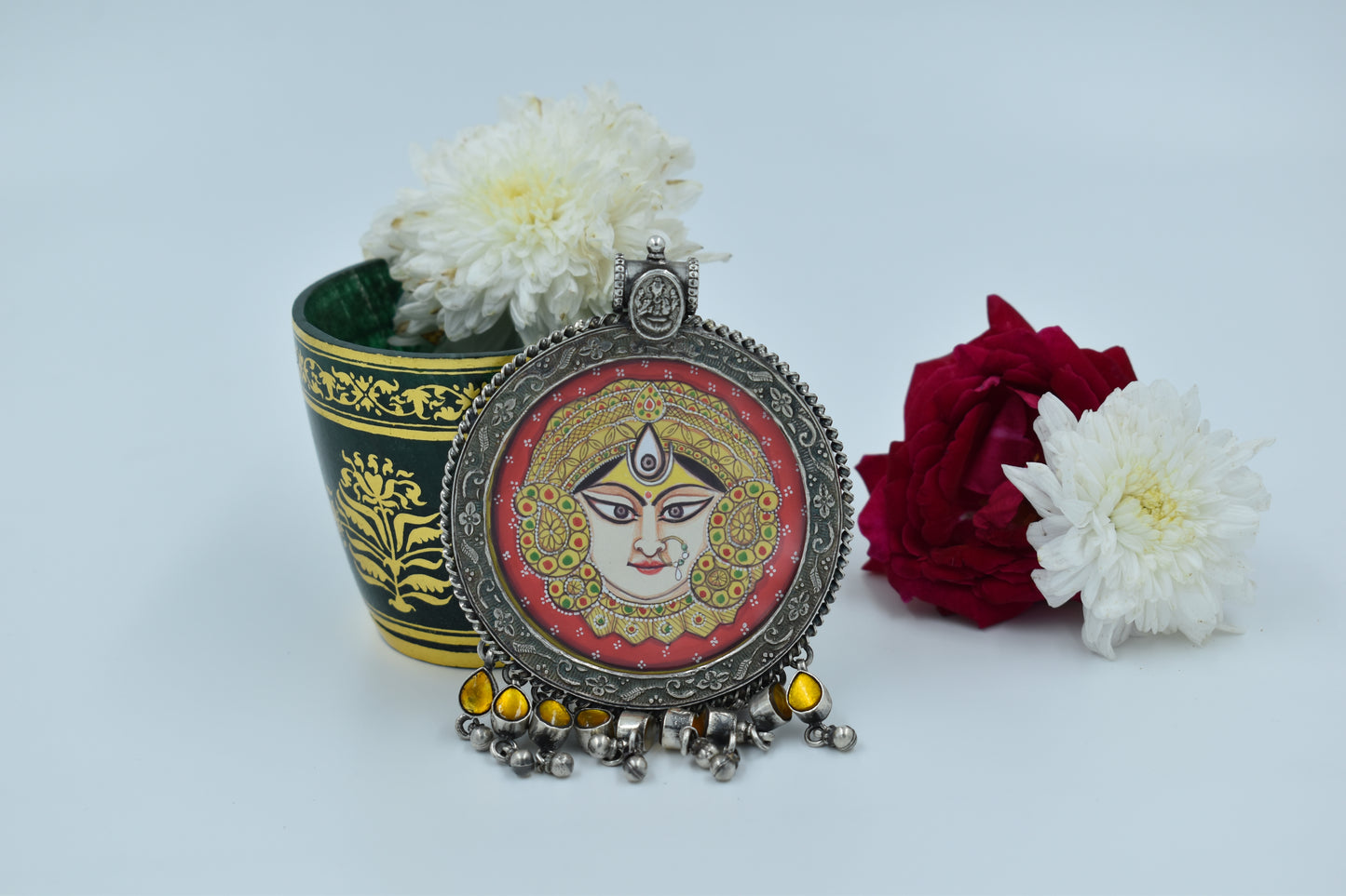 Divine Elegance: Handcrafted Silver Pendant with Miniature Painting of Durga