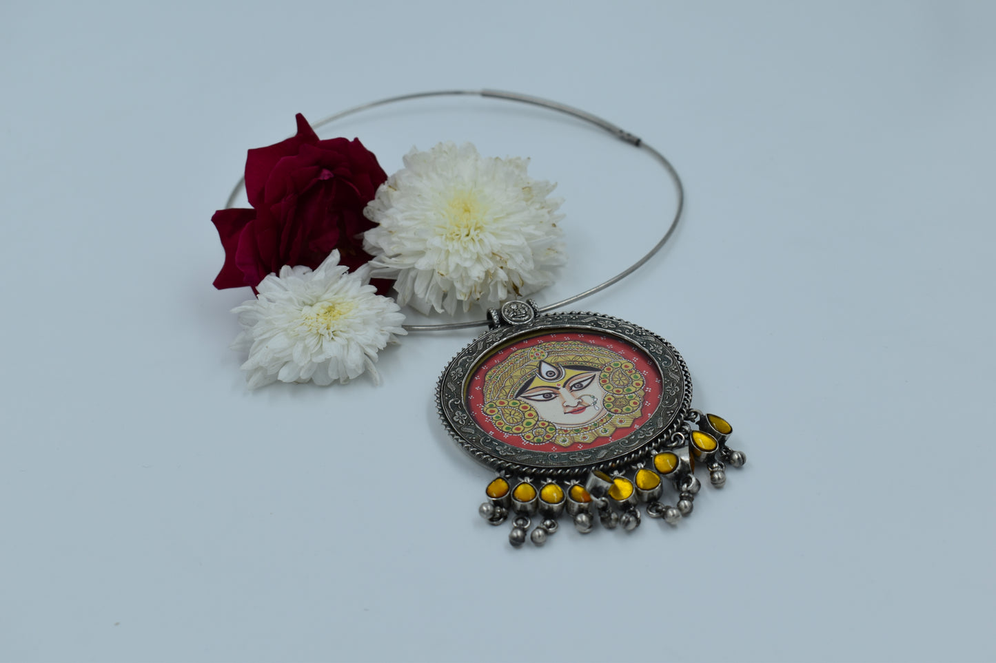 Divine Elegance: Handcrafted Silver Pendant with Miniature Painting of Durga